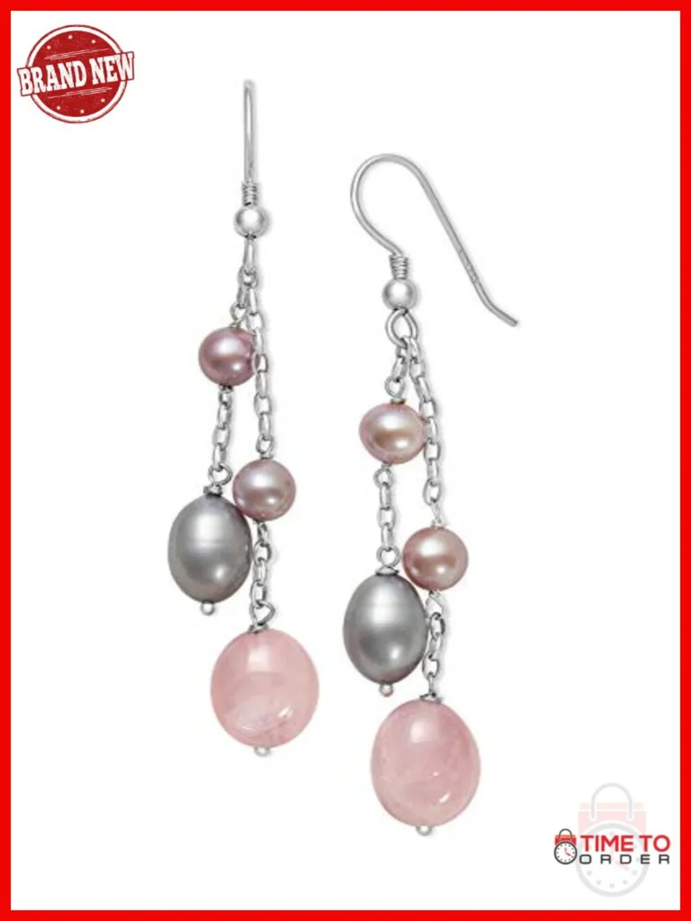 Sterling Silver Pearl Drop Earrings with Rose Quartz - Gift Box